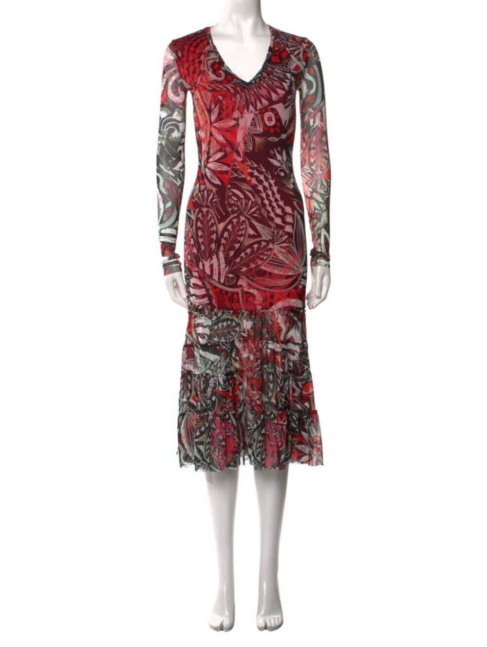Printed Long-Sleeve V-Neck Maxi Dress - Red Multi Size XS,